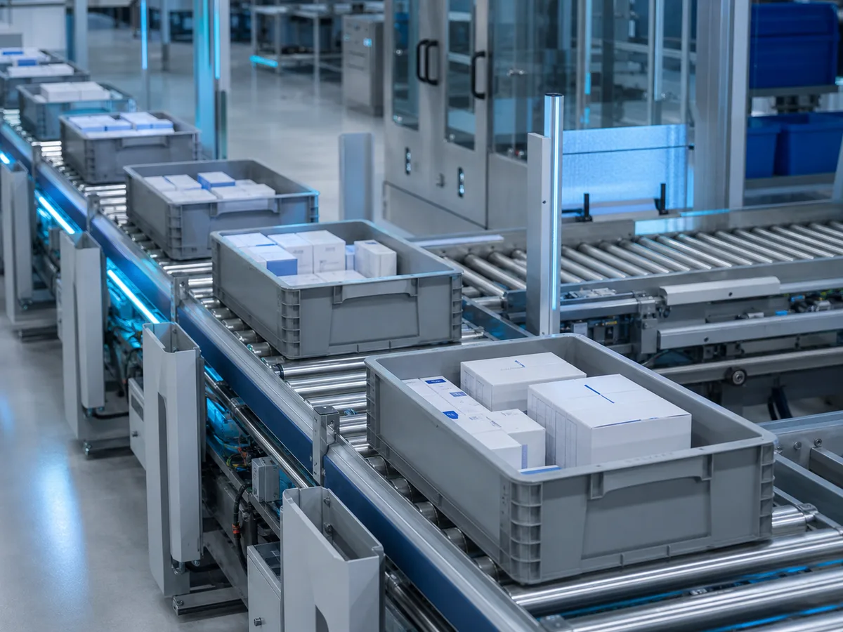Motorized conveyor roller zones moving totes through an automated handling line