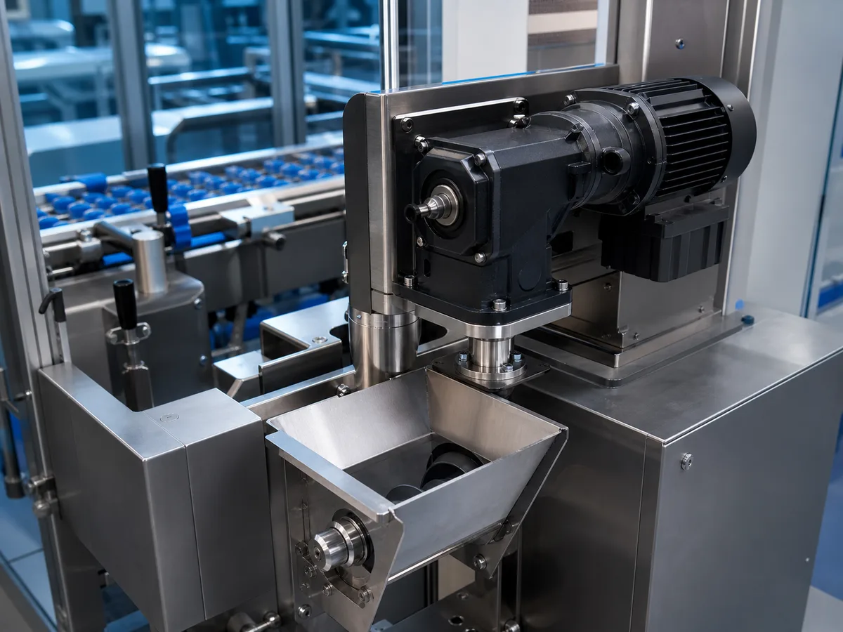 Right-angle gearmotor integrated into compact food-equipment machinery