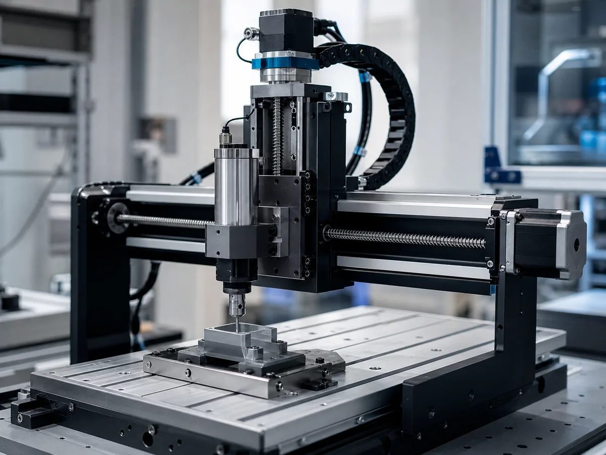 Stepper motor positioning a CNC gantry axis for precision machining