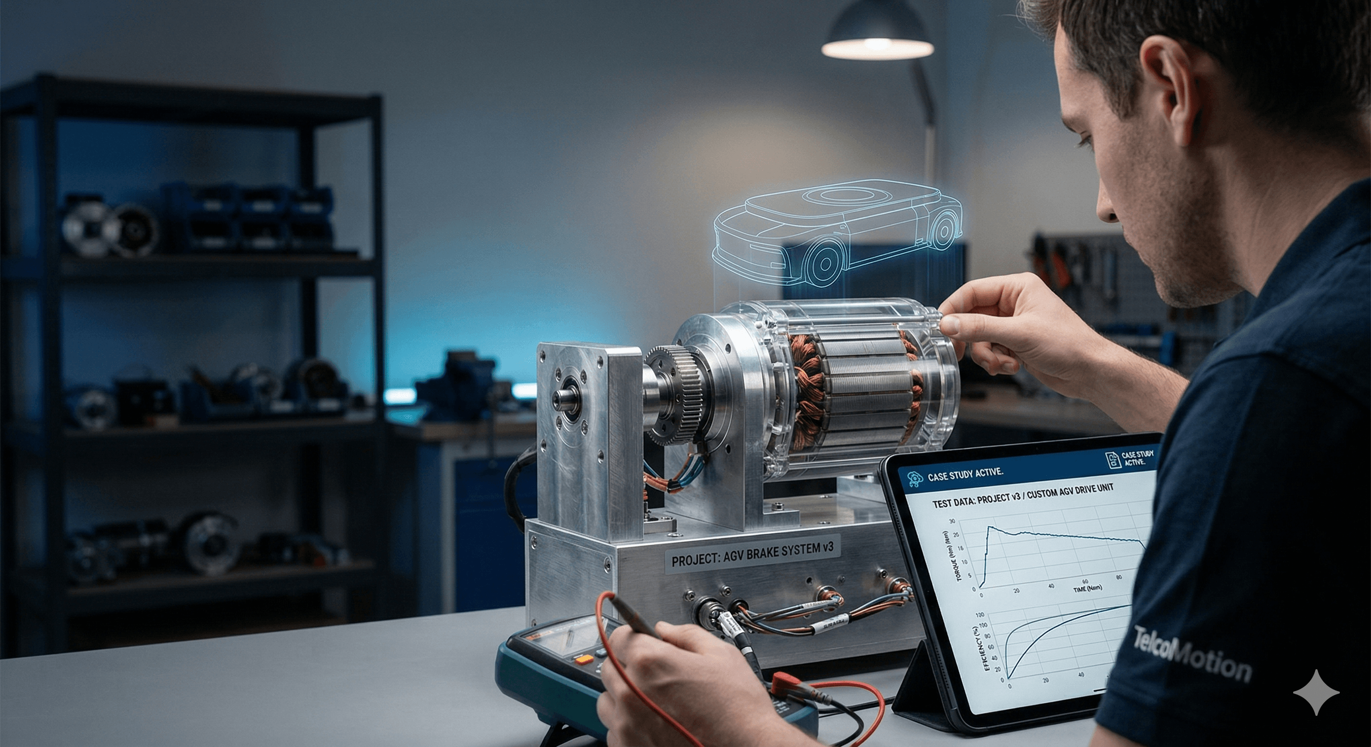Engineer testing AGV drive unit motor assembly with tablet displaying torque-speed data