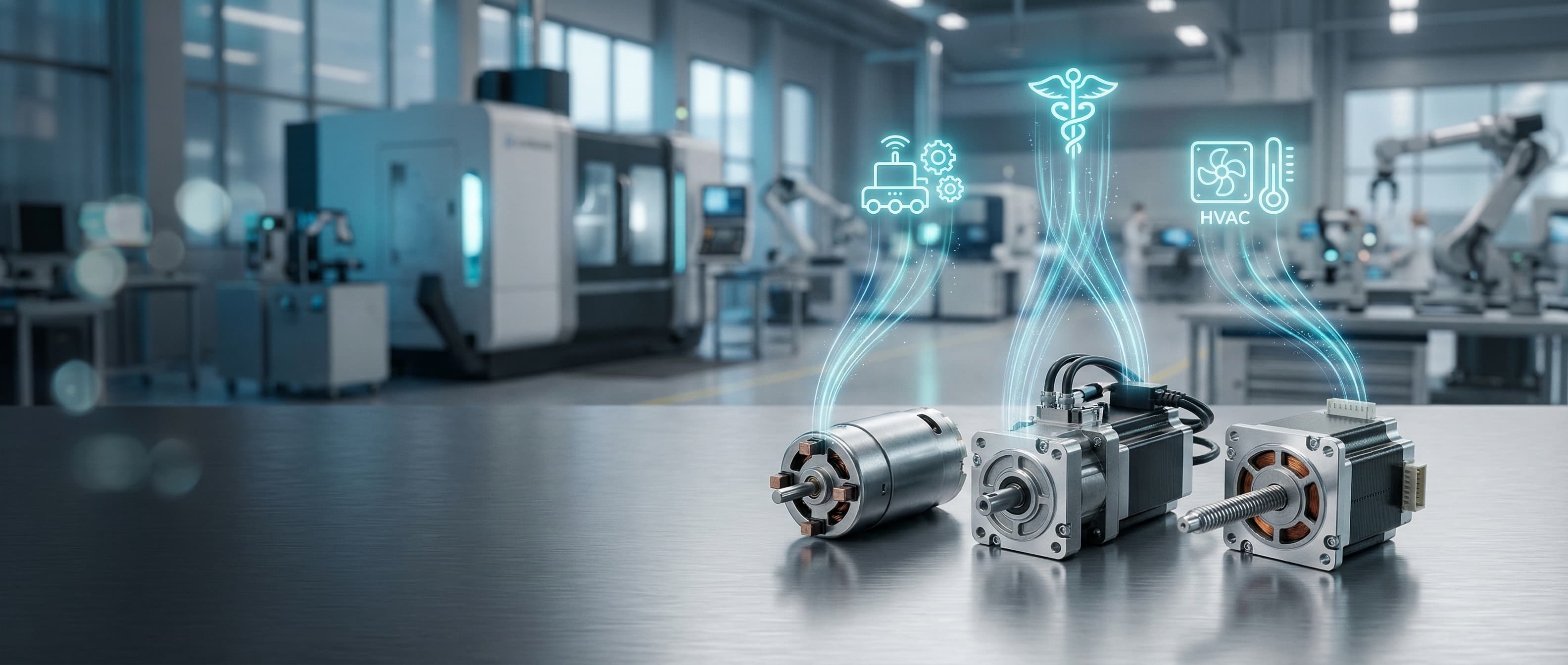 Three custom motors — BLDC, servo, and stepper — in an industrial facility representing multiple OEM industries