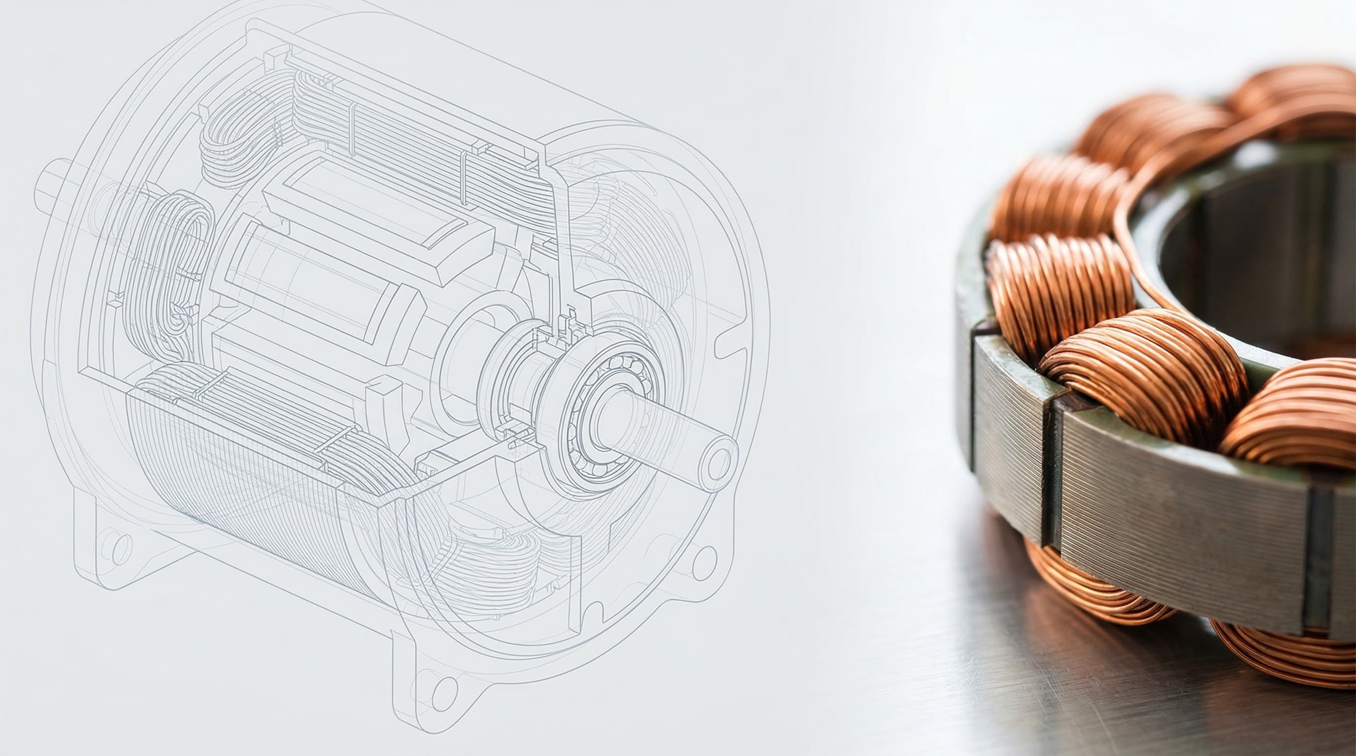 Motor CAD drawing alongside a copper stator winding — engineering knowledge and precision manufacturing